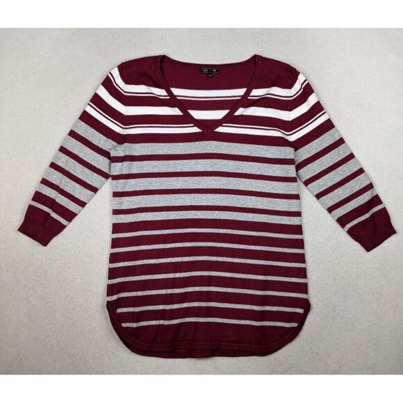 LETY & ME - WOMEN'S RED & GRAY STRIPED 3/4 SLEEVE PULLOVER SWEATER - SIZE L - Picture 2 of 7